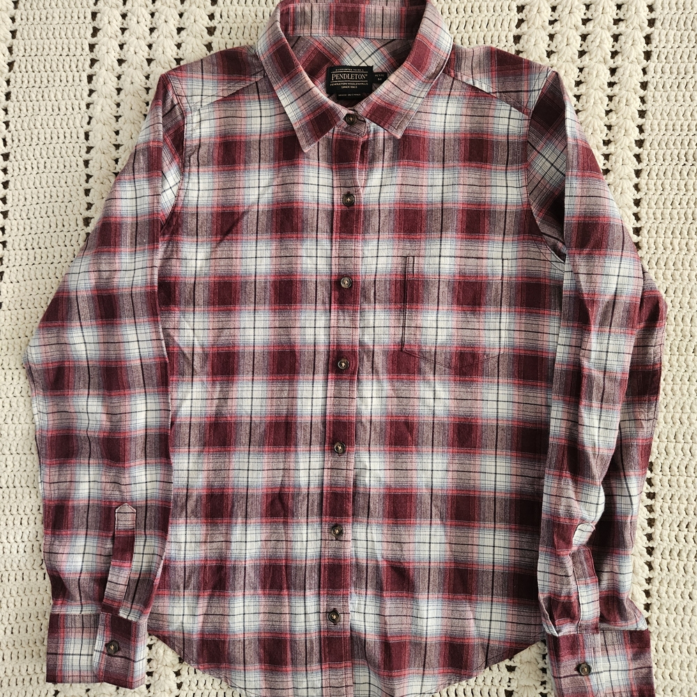 Pendleton Burgundy and White Plaid Shirt - Petite Medium